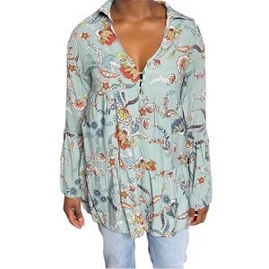 Jaase Anthropologie Blue Boho Floral Print Tunic